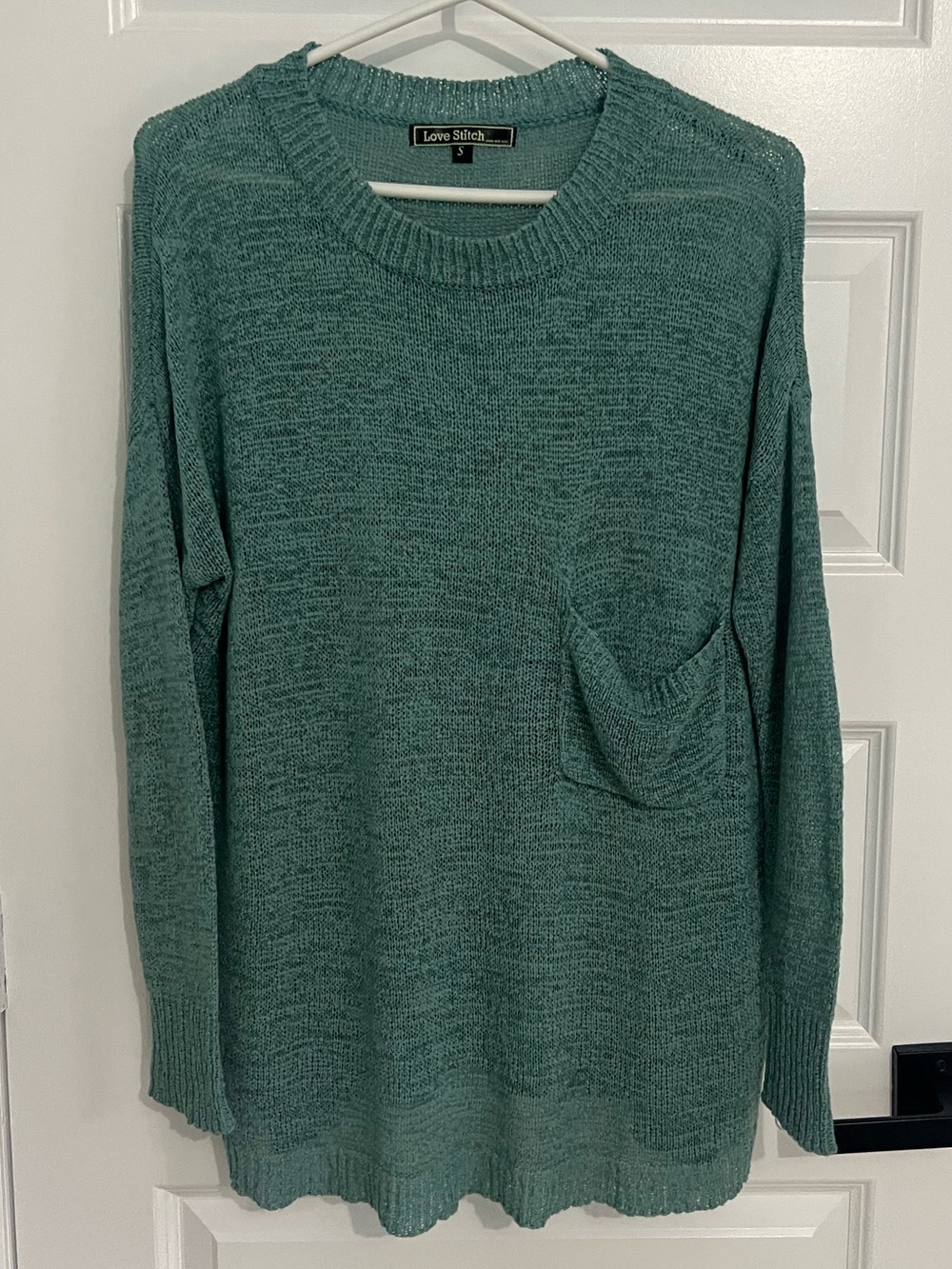 241 - Love Stitch Teal Crewneck Pocket Sweater